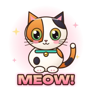 Animated sticker: a calico cat with big eyes blinks, caption “Meow!”