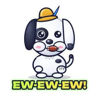 Sticker: a dog spits out a sausage, caption “Bleh!”